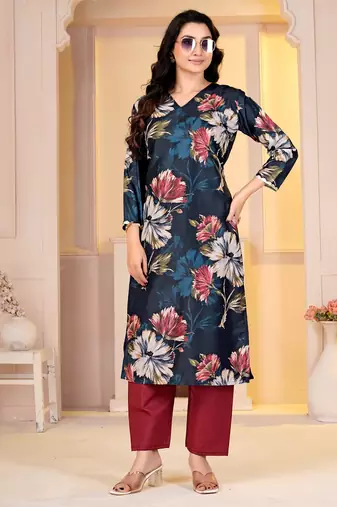 Teal digital printed muslin straight kurta with bottom