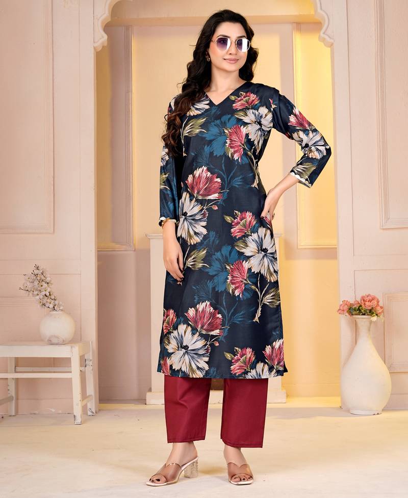 Teal digital printed muslin straight kurta with bottom