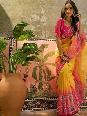 Multicolor ethnic motifs embroidered organza heavy work saree 2