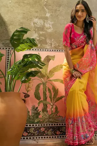 Multicolor ethnic motifs embroidered organza heavy work saree