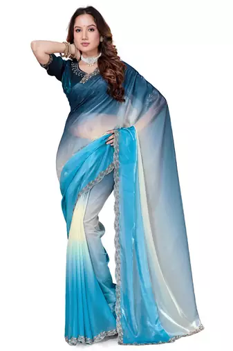 designer sky blue handwork zarkan border work silk blend saree