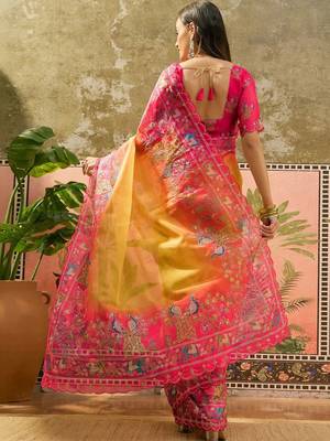 Multicolor ethnic motifs embroidered organza heavy work saree 3