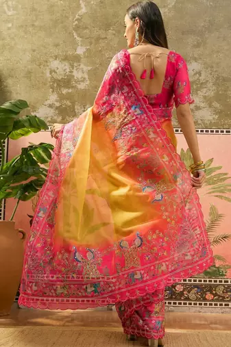 Multicolor ethnic motifs embroidered organza heavy work saree
