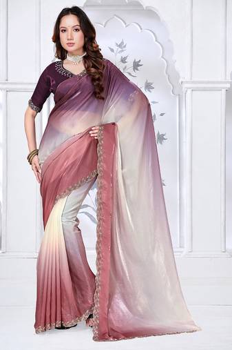 designer brown wine handwork zarkan border work silk blend saree