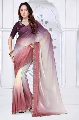 designer brown wine handwork zarkan border work silk blend saree