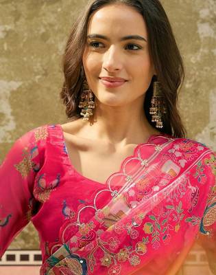Multicolor ethnic motifs embroidered organza heavy work saree 4