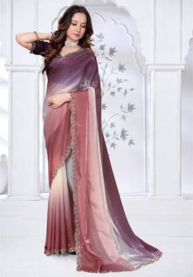 designer brown wine handwork zarkan border work silk blend saree 2