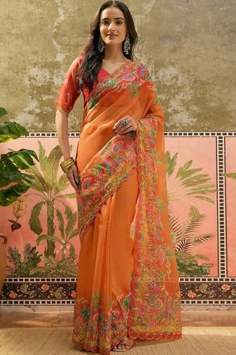 Orange floral sequinned organza heavy work saree