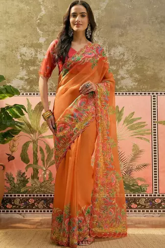 Orange floral sequinned organza heavy work saree