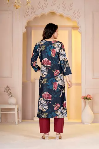Teal digital printed muslin straight kurta with bottom