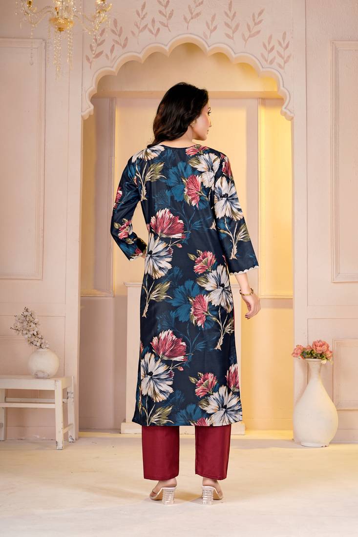 Teal digital printed muslin straight kurta with bottom