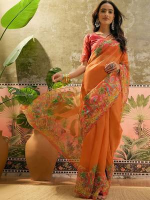 Orange floral sequinned organza heavy work saree 2