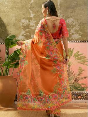 Orange floral sequinned organza heavy work saree 3