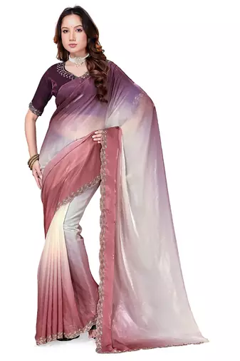 designer brown wine handwork zarkan border work silk blend saree