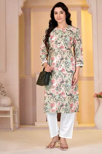 Sea green digital printed muslin straight kurta with bottom