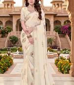 designer off white handwork zarkan foil print silk blend saree