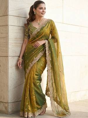 Green embroidered sarees with unstitched blouse piece 1