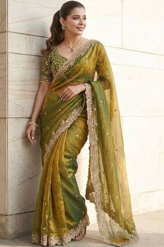 Green embroidered sarees with unstitched blouse piece