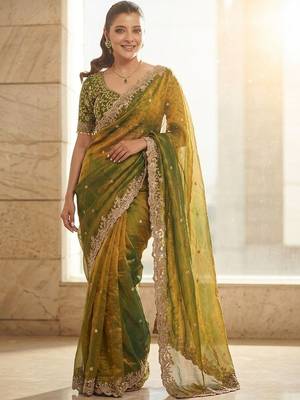 Green embroidered sarees with unstitched blouse piece 2