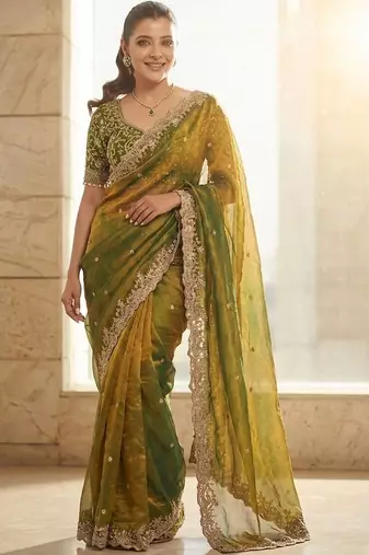Green embroidered sarees with unstitched blouse piece