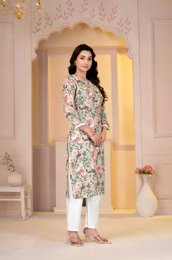 Sea green digital printed muslin straight kurta with bottom