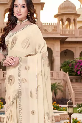 designer off white handwork zarkan foil print silk blend saree