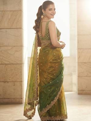 Green embroidered sarees with unstitched blouse piece 3