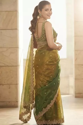 Green embroidered sarees with unstitched blouse piece