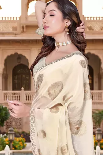 designer off white handwork zarkan foil print silk blend saree