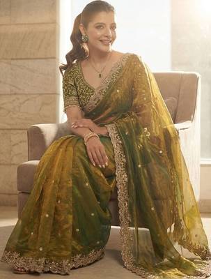 Green embroidered sarees with unstitched blouse piece 4