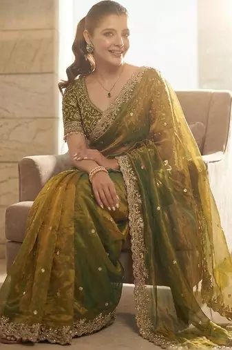 Green embroidered sarees with unstitched blouse piece