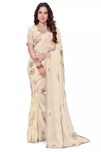 designer off white handwork zarkan foil print silk blend saree