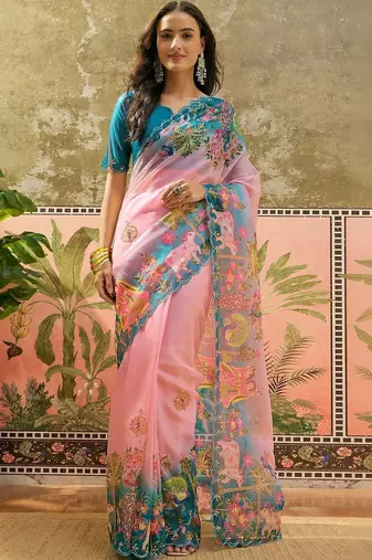 Pink ethnic motifs sequinned organza designer saree