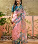 Pink ethnic motifs sequinned organza designer saree