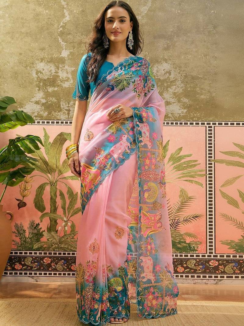 Pink ethnic motifs sequinned organza designer saree