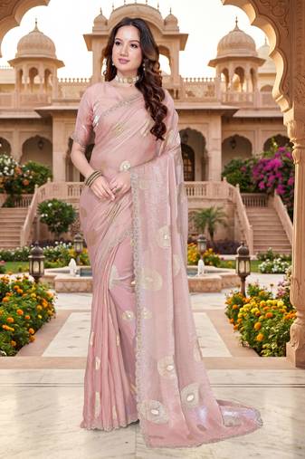 designer dusty peach handwork zarkan foil print silk blend saree