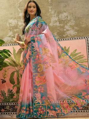 Pink ethnic motifs sequinned organza designer saree 2