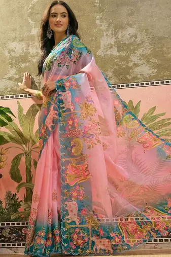 Pink ethnic motifs sequinned organza designer saree