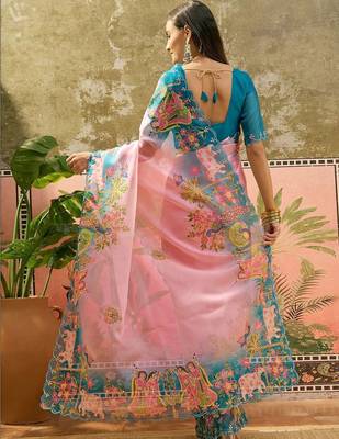 Pink ethnic motifs sequinned organza designer saree 3