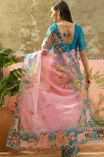Pink ethnic motifs sequinned organza designer saree