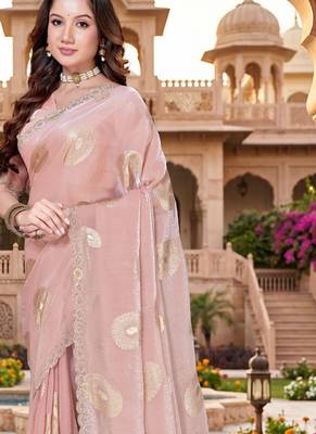 designer dusty peach handwork zarkan foil print silk blend saree 3