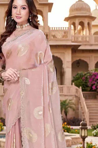 designer dusty peach handwork zarkan foil print silk blend saree