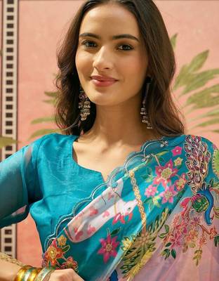 Pink ethnic motifs sequinned organza designer saree 4