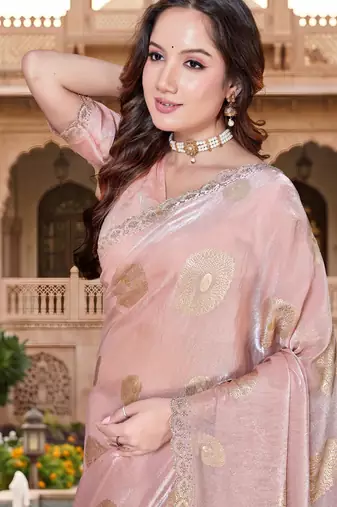 designer dusty peach handwork zarkan foil print silk blend saree