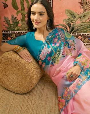 Pink ethnic motifs sequinned organza designer saree 5