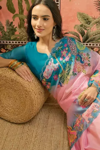 Pink ethnic motifs sequinned organza designer saree