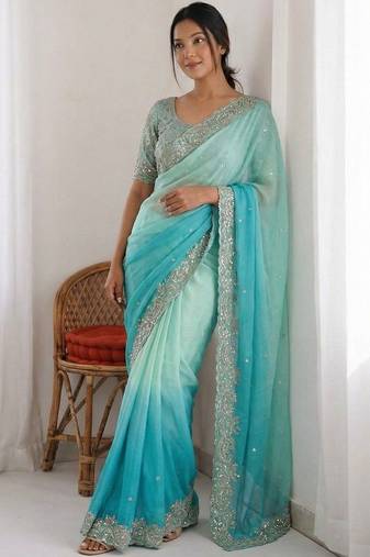 Turquoise embellished sarees stitched blouse