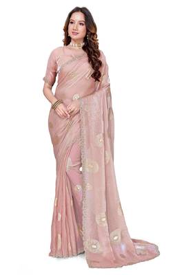 designer dusty peach handwork zarkan foil print silk blend saree 5