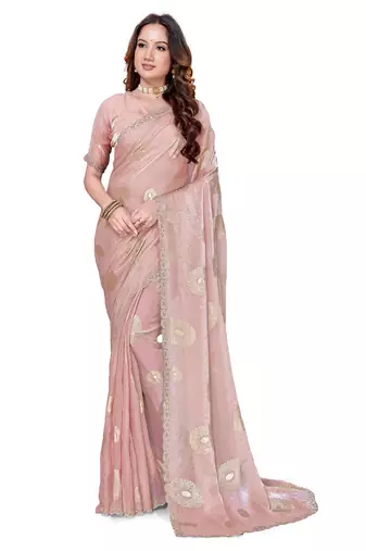 designer dusty peach handwork zarkan foil print silk blend saree