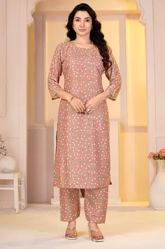Light brown digital printed muslin straight kurta with bottom